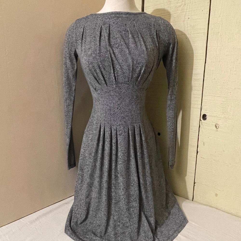 Michael Kors Womens XXS Herringbone Long Sleeve Pleated‎ Fit Flare Dress Black